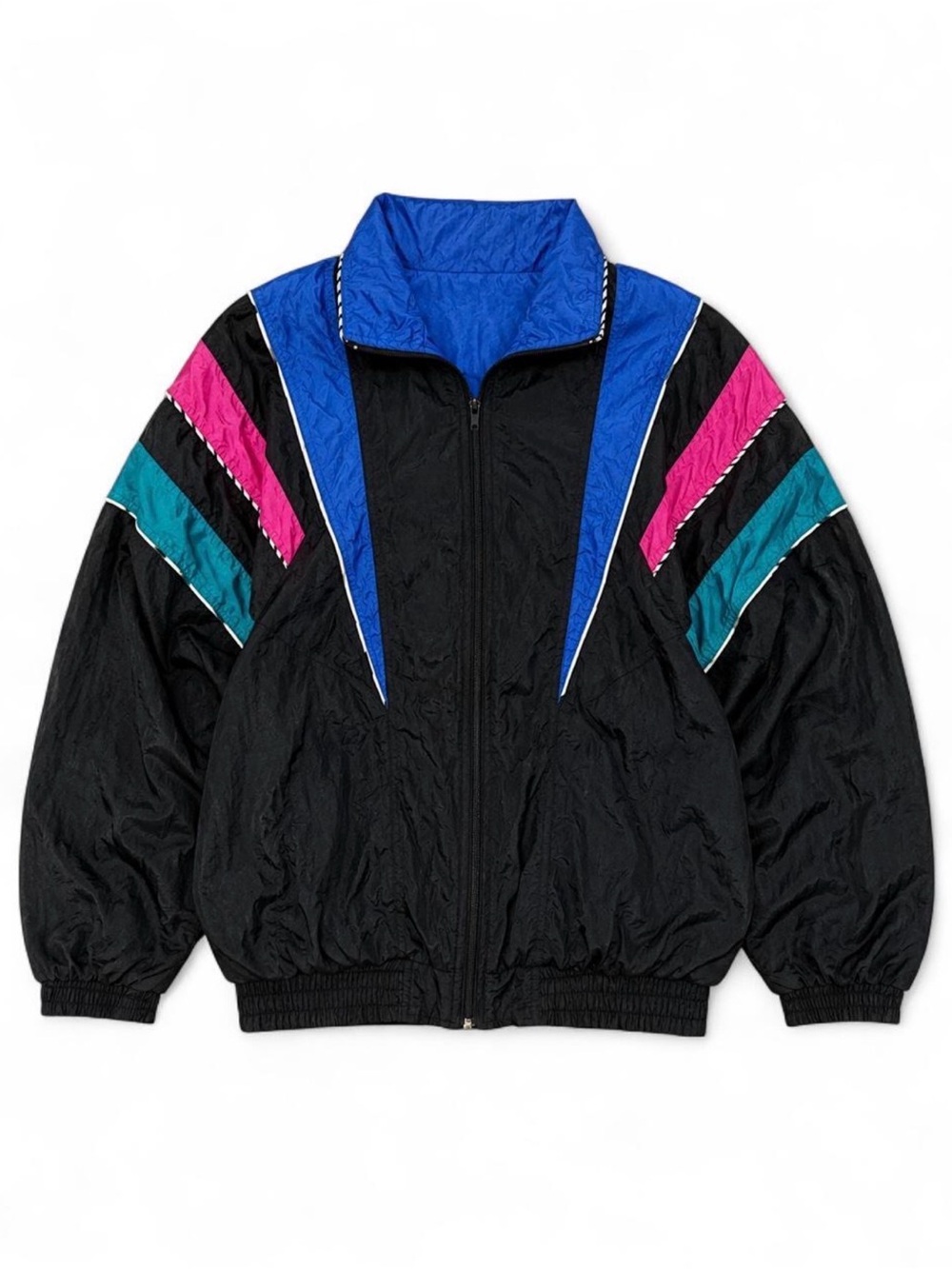 Black Bomber Jacket with Blue, Teal & Pink Panels - Picture 2 of 8